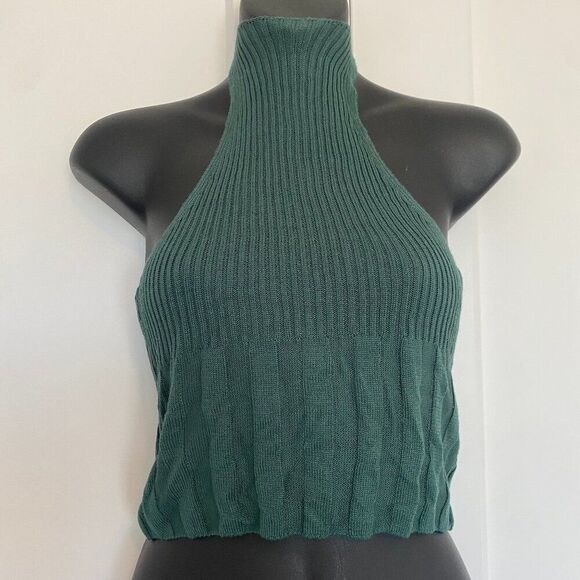 NWT Free People Halter Neck Crop Top Knit Green Razor Back Tank Top Size Small - Picture 1 of 4